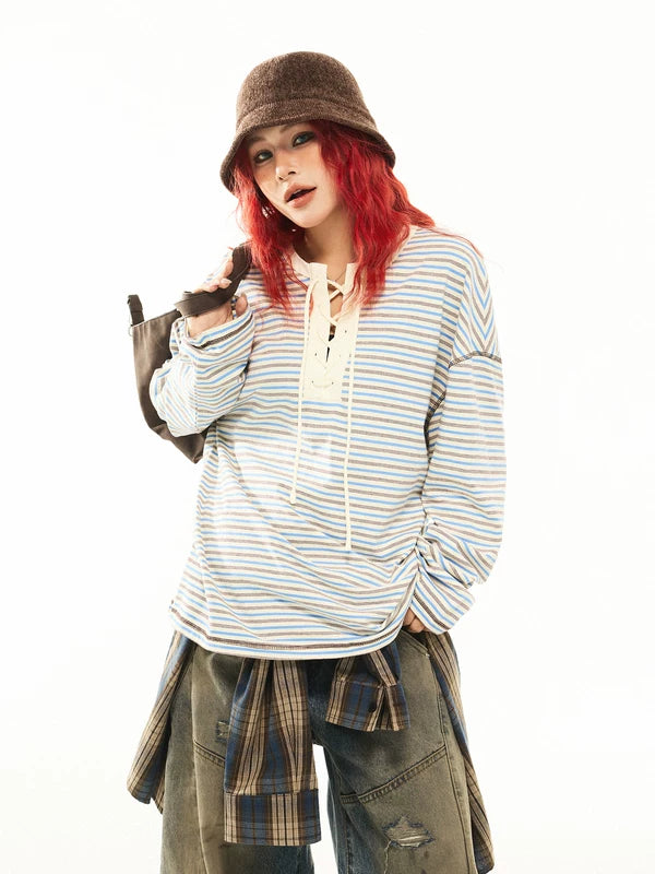 Striped Long-Sleeve Lace-Up Hoodie 4