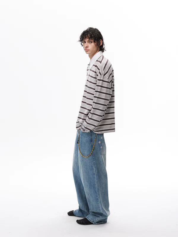 Striped Long Sleeve Polo Shirt Relaxed Fit 2