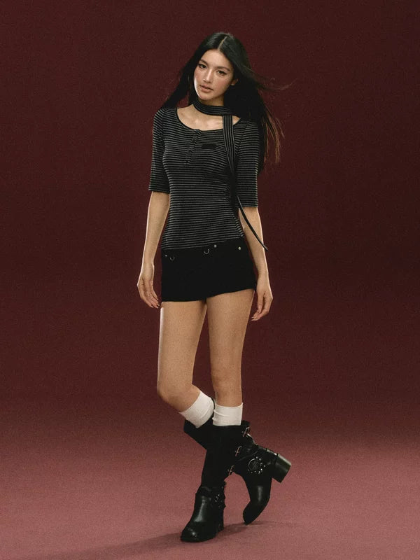 Striped Mid-Sleeve Knit Turtleneck Top 4