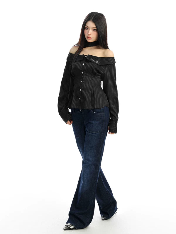 Striped Off-Shoulder Long Sleeve Shirt 3