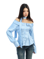 Striped Off-Shoulder Long Sleeve Shirt 4