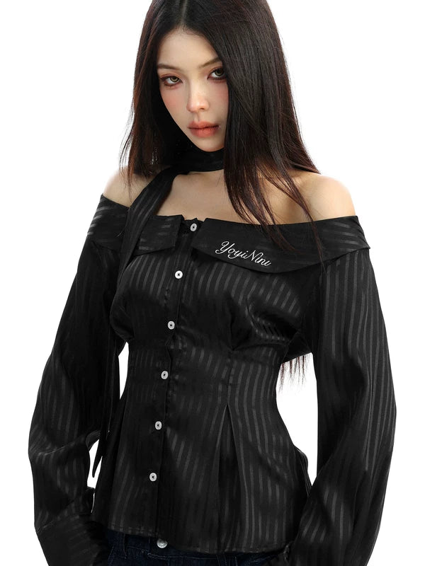 Striped Off-Shoulder Long Sleeve Shirt 5