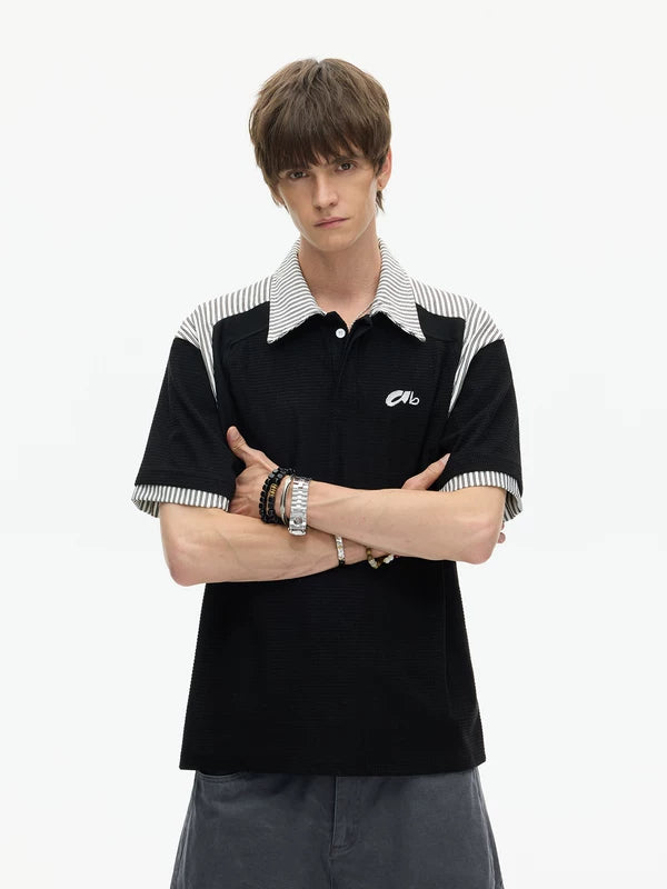 Striped Patchwork Faux Two-Piece Polo Shirt 1