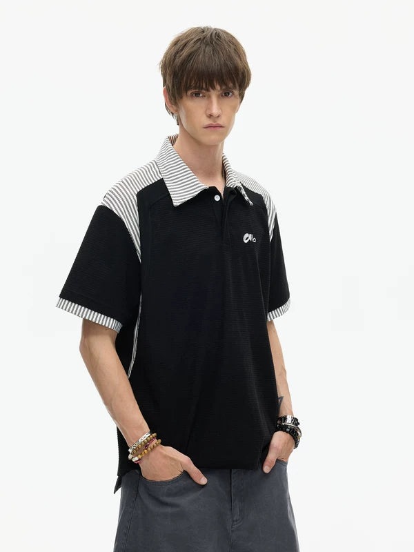 Striped Patchwork Faux Two-Piece Polo Shirt 3