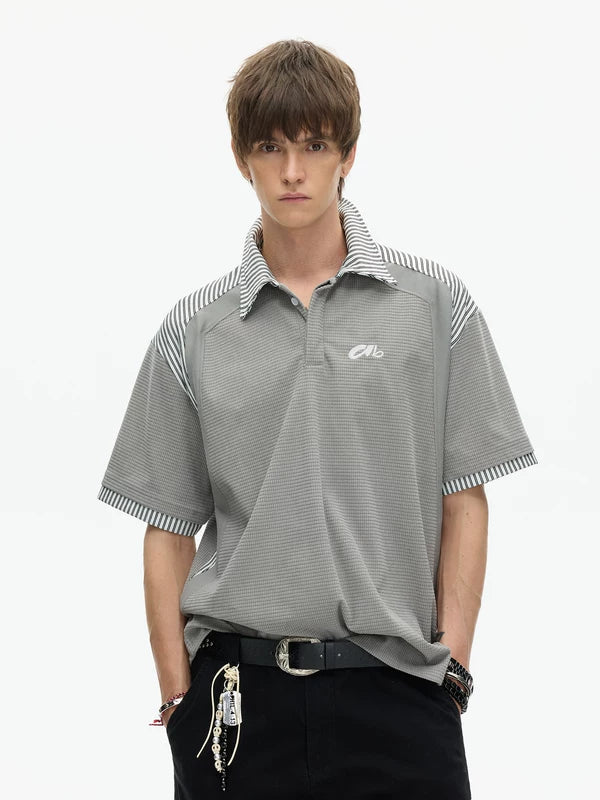 Striped Patchwork Faux Two-Piece Polo Shirt 4