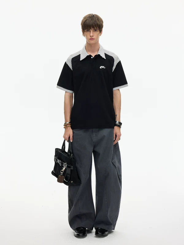 Striped Patchwork Faux Two-Piece Polo Shirt 5