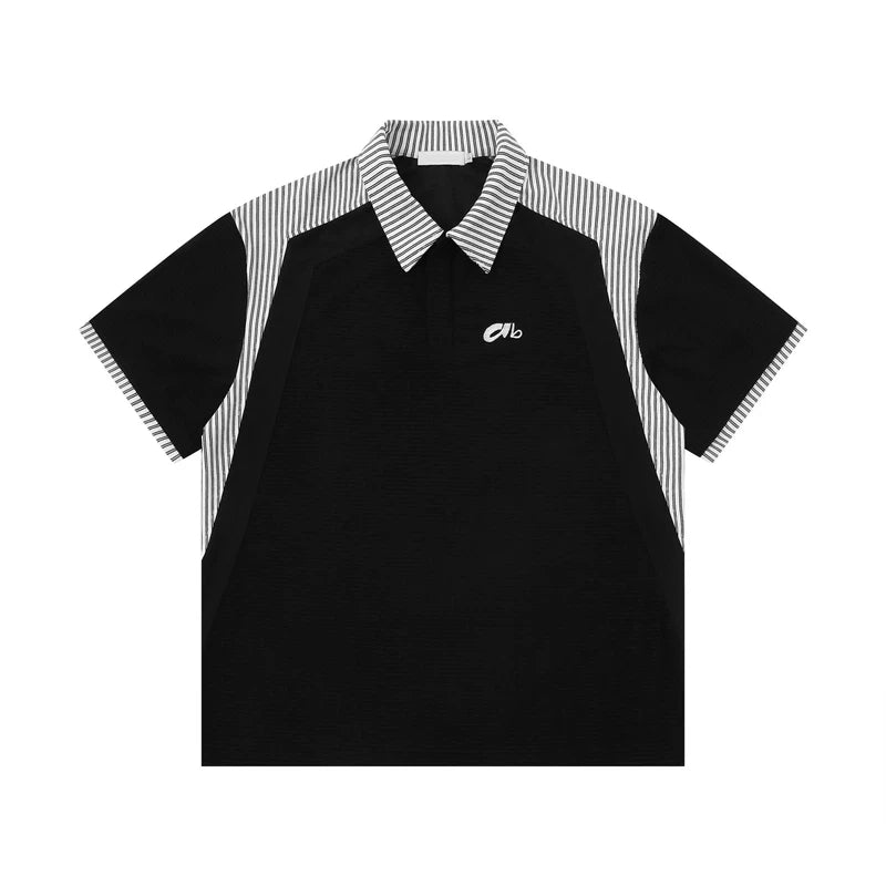 6039100213961,6039100213962,6039100213963,6039100213964, Striped Patchwork Faux Two-Piece Polo Shirt