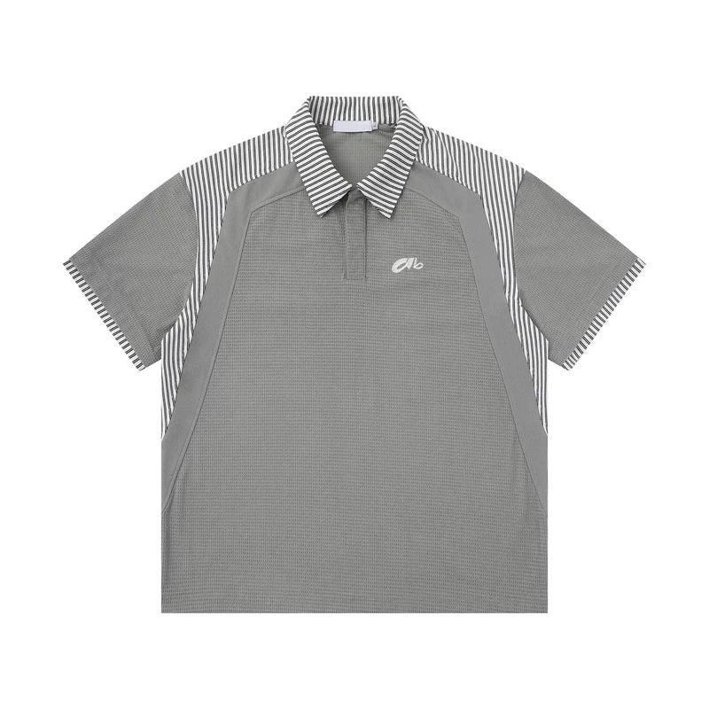 6039100213965,6039100213966,6039100213967,6039100213968, Striped Patchwork Faux Two-Piece Polo Shirt