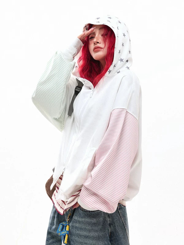 Striped Patchwork Star Print Zip Hoodie 4