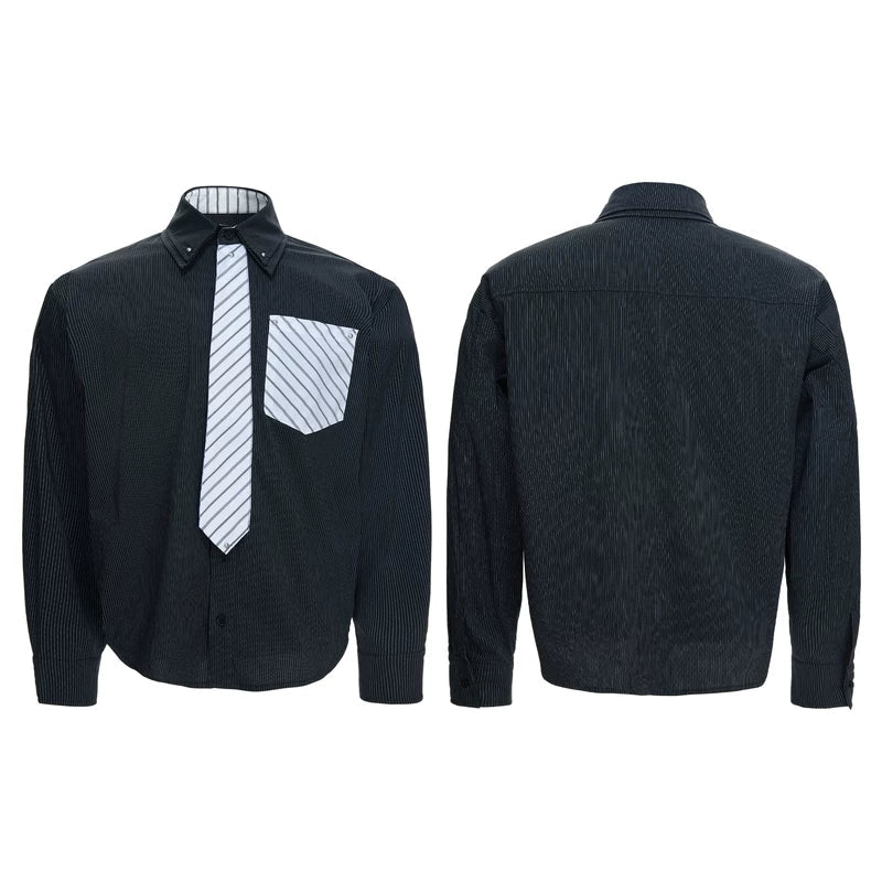 6189539358488,6189539358489,6189539358490,6189539358491,6189539358492, Striped Pocket Shirt with Detachable Tie