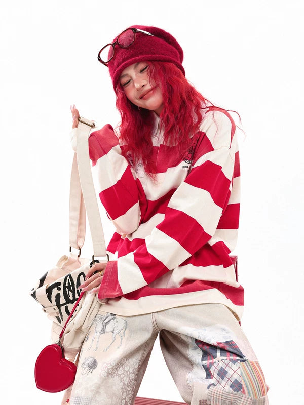 Striped Polo Collar Long Sleeve Shirt 2