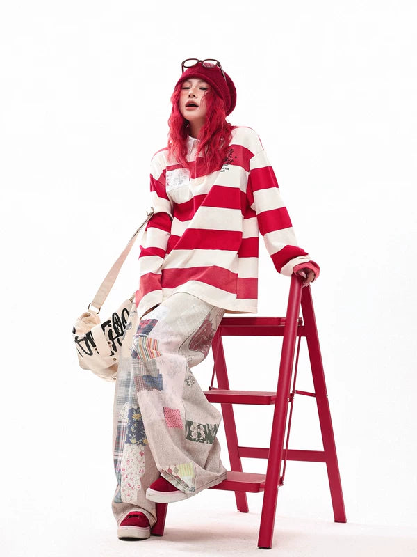 Striped Polo Collar Long Sleeve Shirt 5