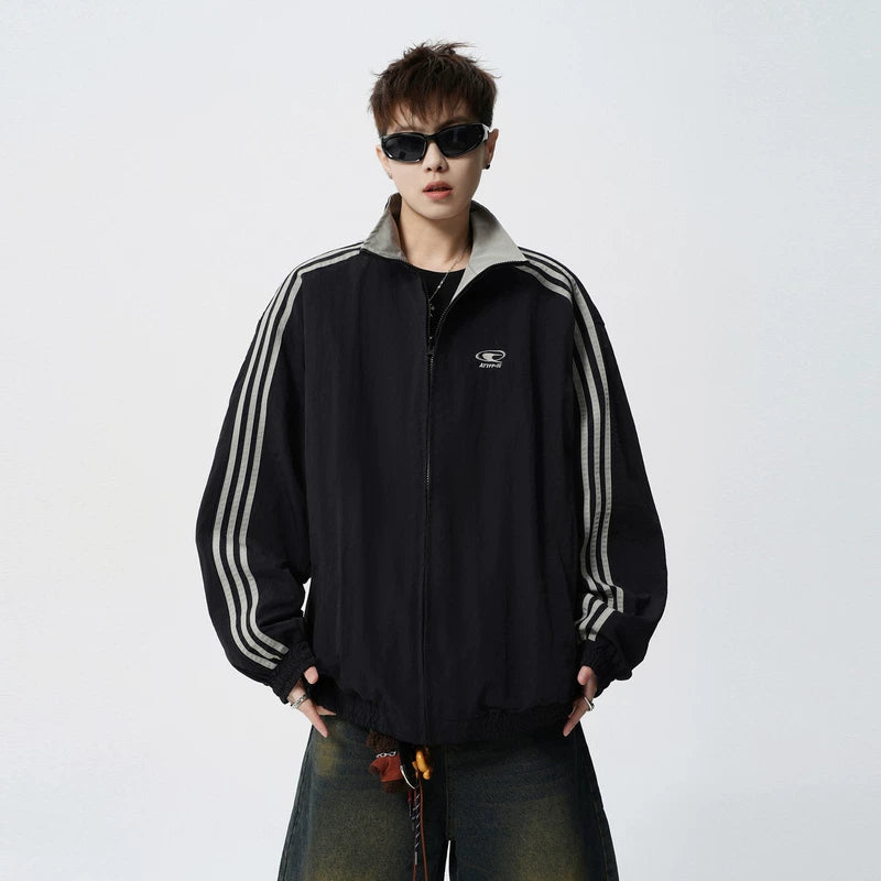 6190874574516,6190874574517,6190874574518,6190874574519, Striped Reversible Stand Collar Zip Jacket