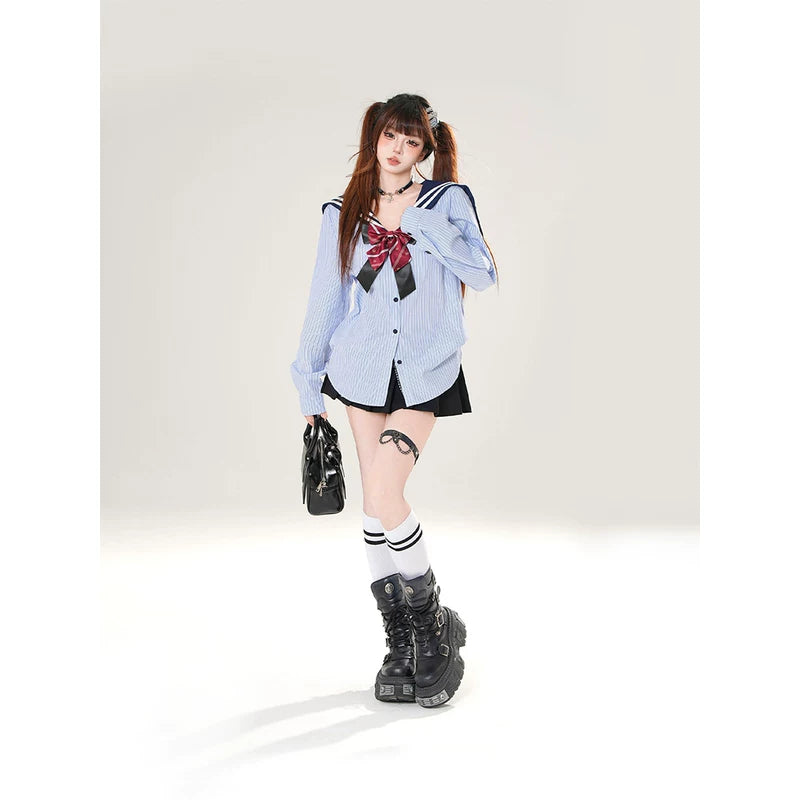 Striped Sailor Collar School Shirt Top 4