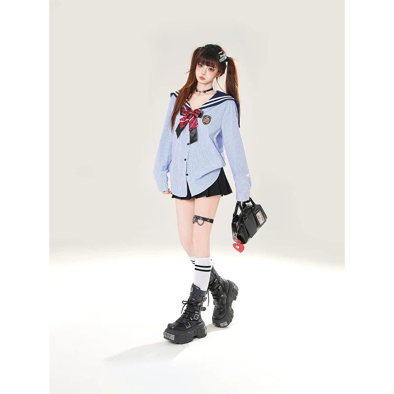 Striped Sailor Collar School Shirt Top 5