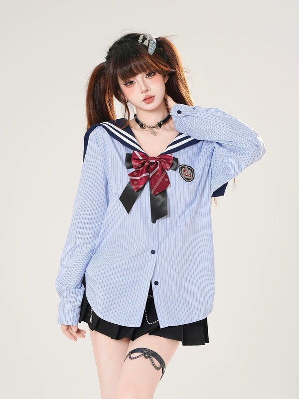 1627207:13934012,5920864121149,1627207:13934012,5920864121148,1627207:13934012,5920864121147,5920864121149,5920864121148,5920864121147, Striped Sailor Collar School Shirt Top