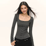 Striped Scoop Neck Button Front Pullover 2