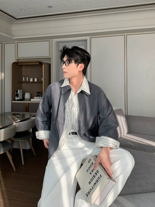 Striped Shirt Collar Faux Two-Piece Jacket 5