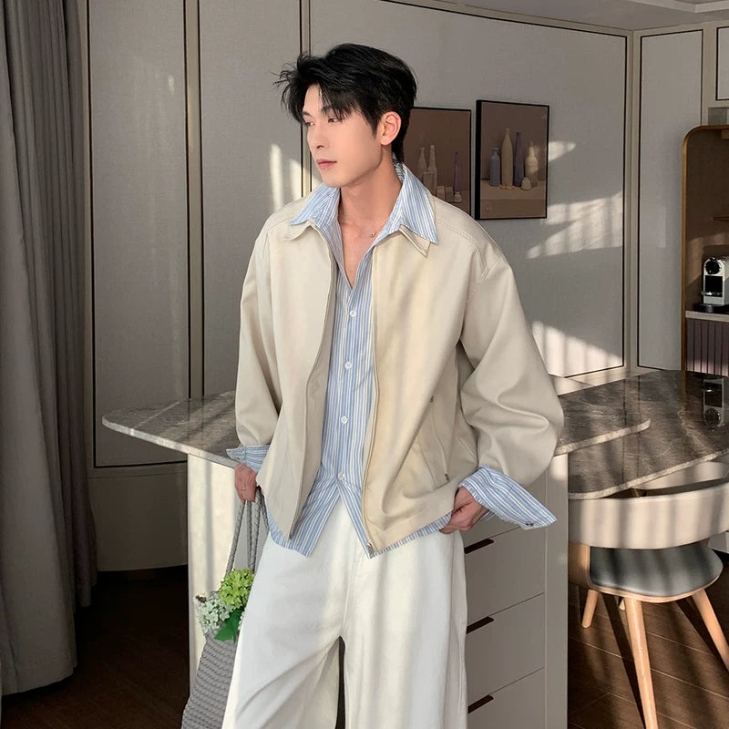 6195826150930,6195826150931,6195826150932,6195826150933, Striped Shirt Collar Faux Two-Piece Jacket