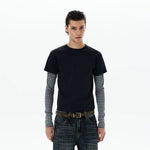 6018455205304,6018455205305,6018455205306,6018455205307, Striped Sleeve Faux Two-Piece Pullover