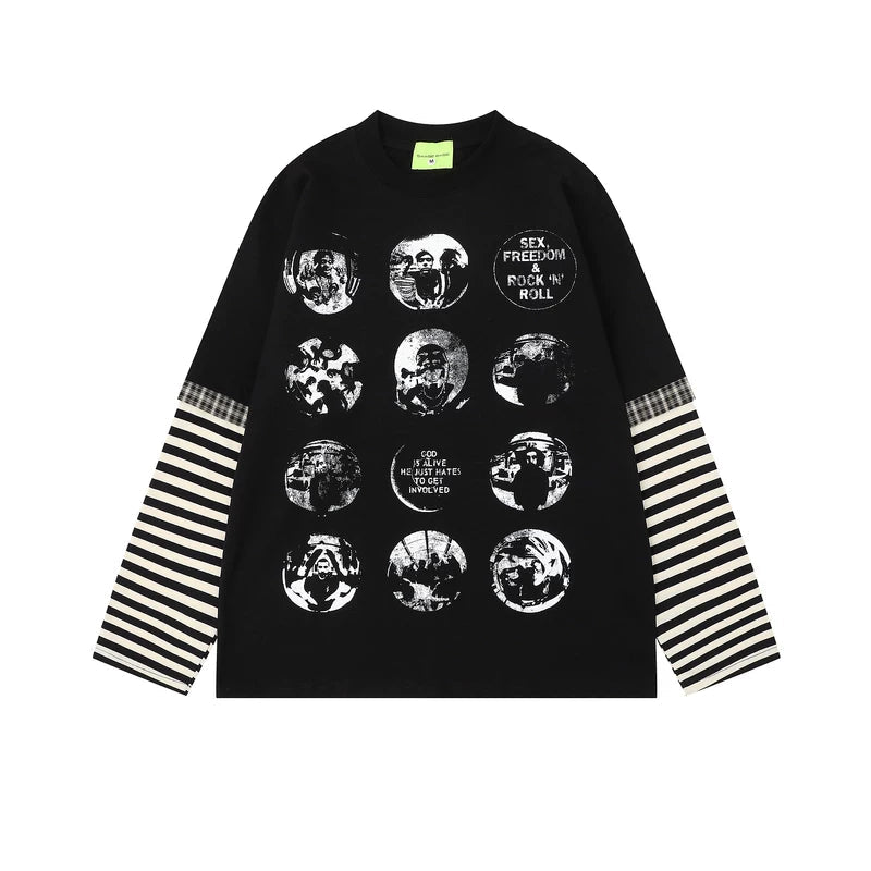 1627207:28341,6010246884708,1627207:28341,6010246884709,1627207:28341,6010246884711,1627207:28341,6010246884710,6010246884708,6010246884709,6010246884711,6010246884710, Striped Sleeve Graphic Faux Layered T-Shirt