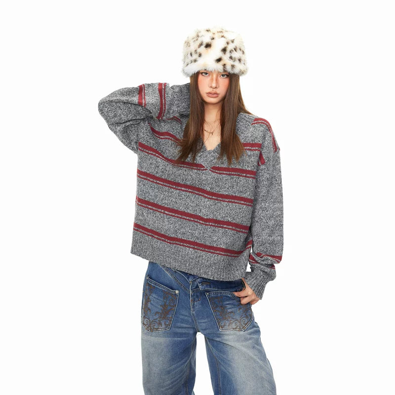 Striped V-Neck Knit Pullover Sweater 2