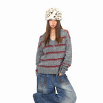 Striped V-Neck Knit Pullover Sweater 3