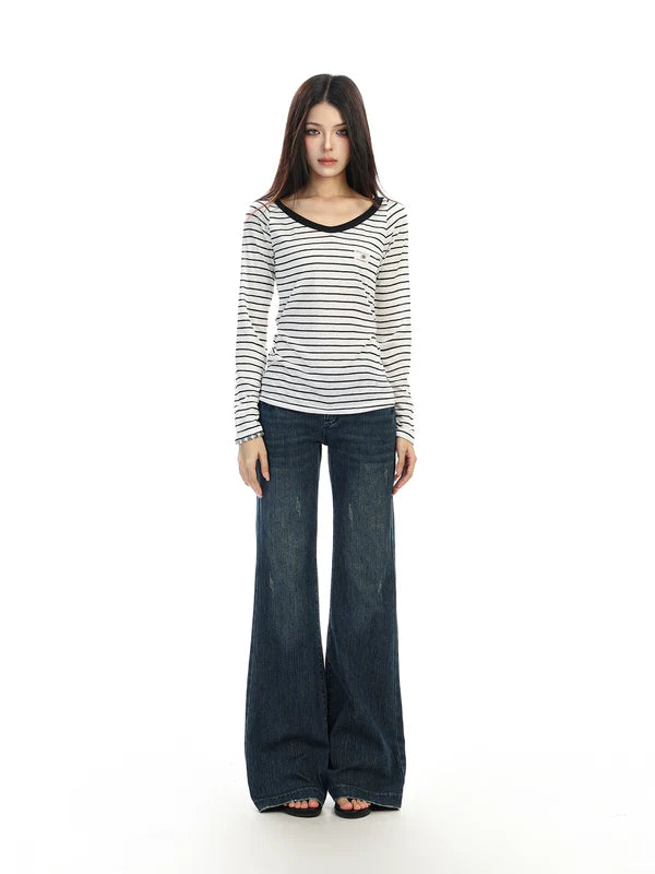 Striped V-Neck Long-Sleeve T-Shirt 2