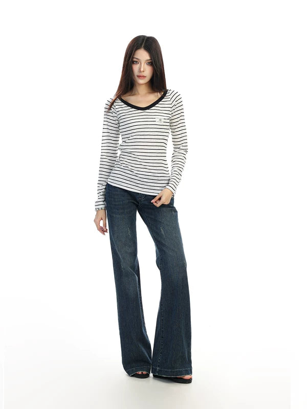 Striped V-Neck Long-Sleeve T-Shirt 4