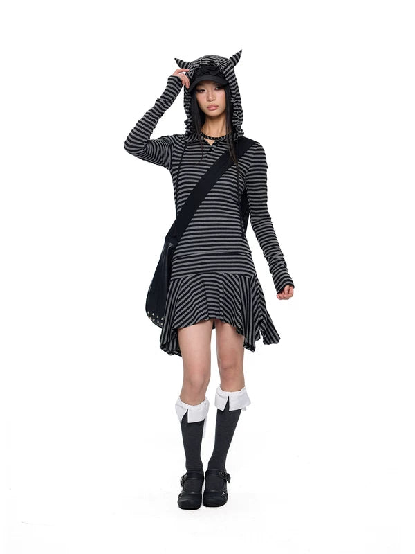 Striped Y2K Hooded Skater Dress 3