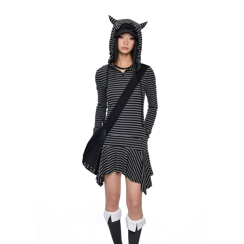 6019705872070,6019705872071,6019705872072, Striped Y2K Hooded Skater Dress
