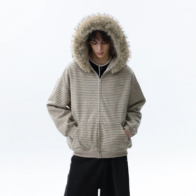 Striped Zip Hoodie with Detachable Fur Hood 2