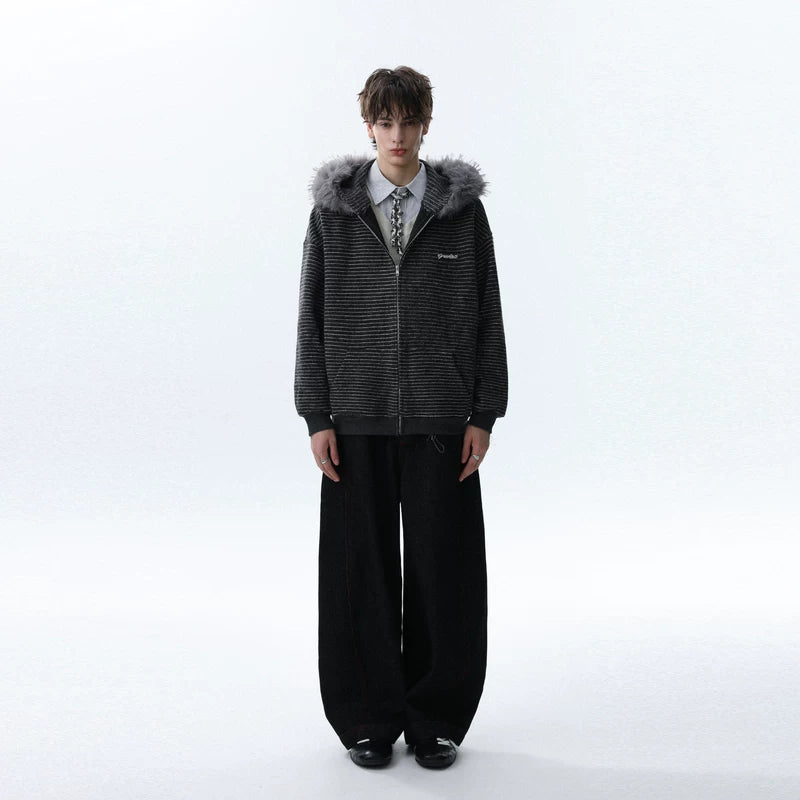Striped Zip Hoodie with Detachable Fur Hood 5