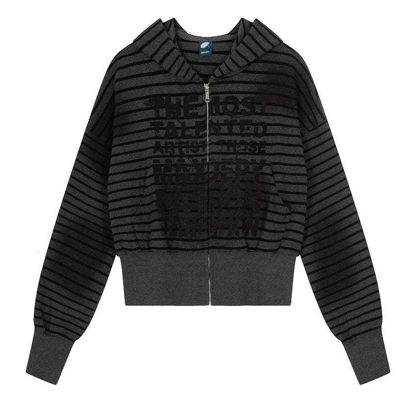 1627207:28341,6175231430548,1627207:28341,6175231430547,1627207:28341,6175231430546,6175231430548,6175231430547,6175231430546, Striped Zip-Up Hooded Letter Print Jacket