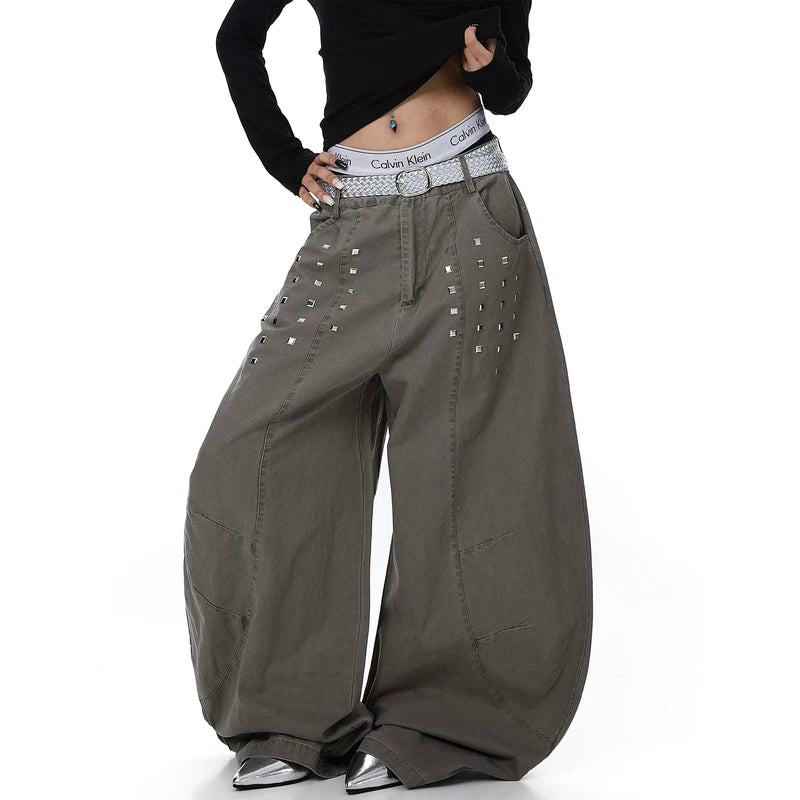 Studded Deconstructed Pleated Wide Leg Cargo Pants 2