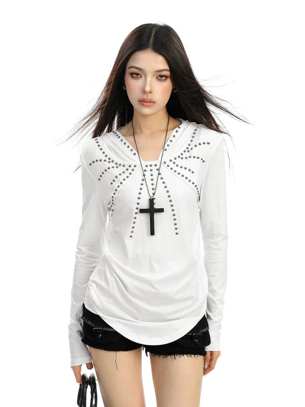 Studded Hooded Long-Sleeve Turtleneck Top 2