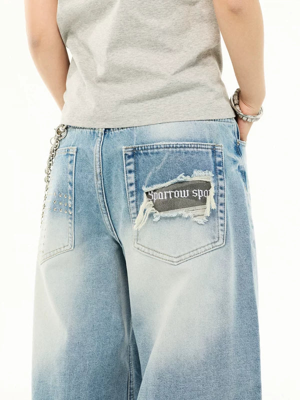 Studded Wide-Leg Washed Denim Pants 5