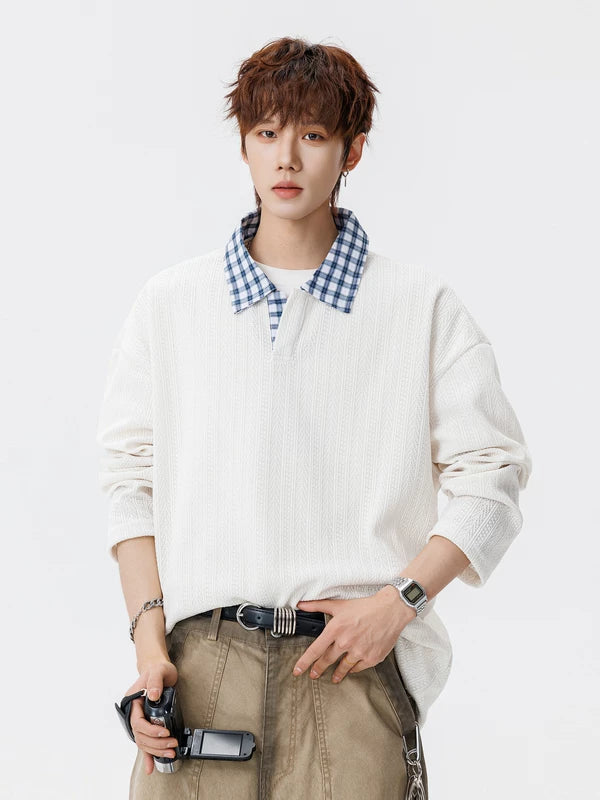 Textured Faux Layered Plaid Collar Sweatshirt 4