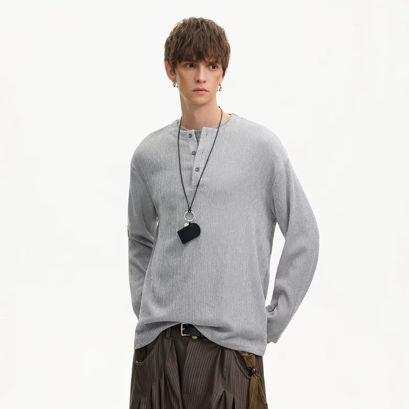 6027970781268,6027970781269,6027970781270,6027970781271, Textured Henley Long-Sleeve Casual T-Shirt