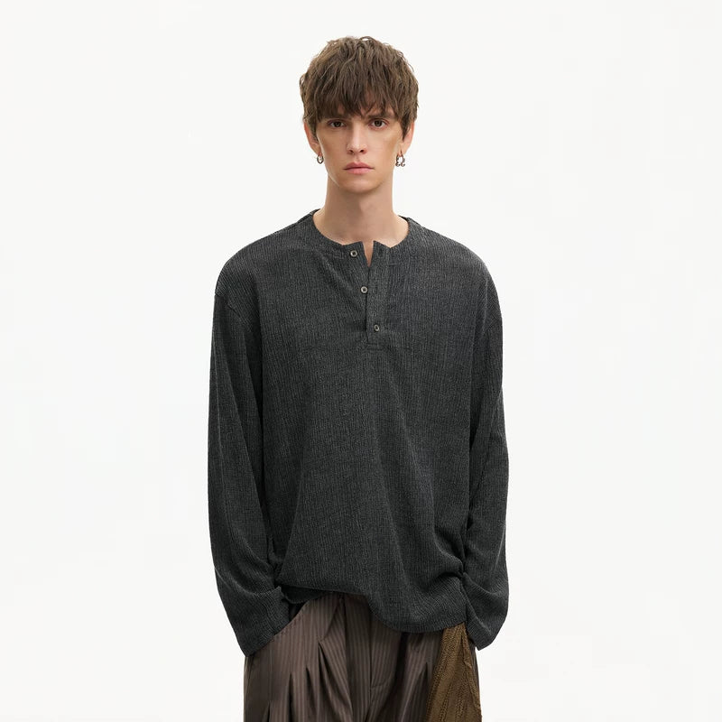 6027970781272,6027970781273,6027970781274,6027970781275, Textured Henley Long-Sleeve Casual T-Shirt