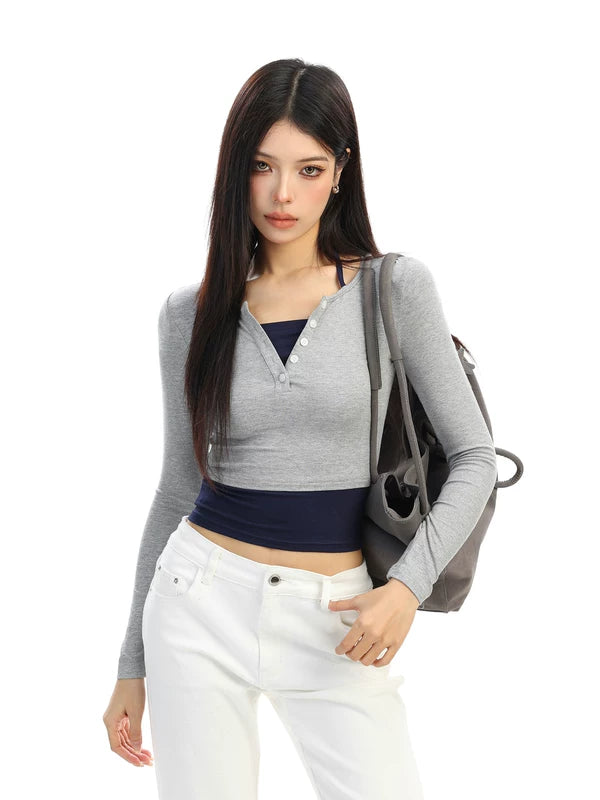Two-Piece Colorblock Long Sleeve Crop Top 2