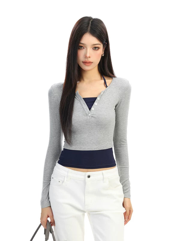 6029651496088,6029651496089,6029651496090, Two-Piece Colorblock Long Sleeve Crop Top