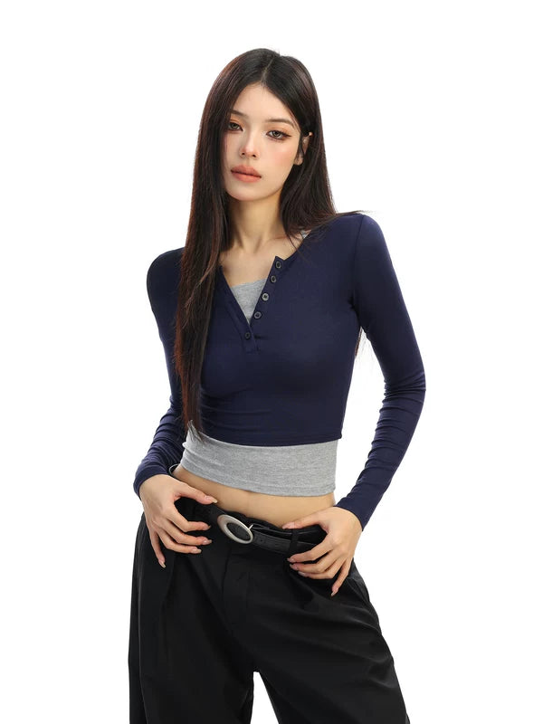 6029651496091,6029651496092,6029651496093, Two-Piece Colorblock Long Sleeve Crop Top