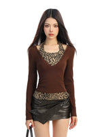 6180070499676,6180070499677,6180070499678, Two-Piece Leopard Print Halter Turtleneck Top