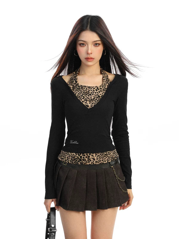 6180070499679,6180070499680,6180070499681, Two-Piece Leopard Print Halter Turtleneck Top