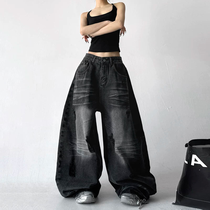 Ultra Wide Leg Distressed Denim Pants 2