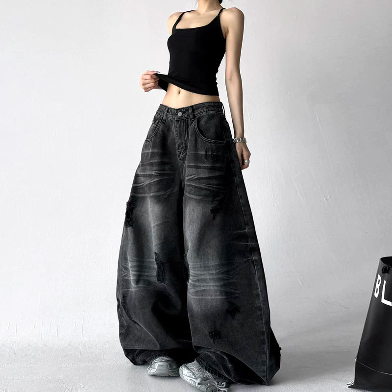 Ultra Wide Leg Distressed Denim Pants 5