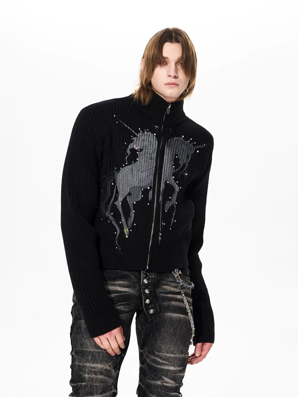 Unicorn Graphic Zip Knit Cardigan Sweater 3