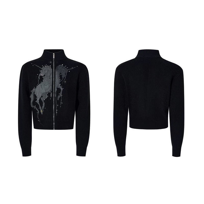 6013298153313,6013298153314,6013298153315,6013298153316, Unicorn Graphic Zip Knit Cardigan Sweater