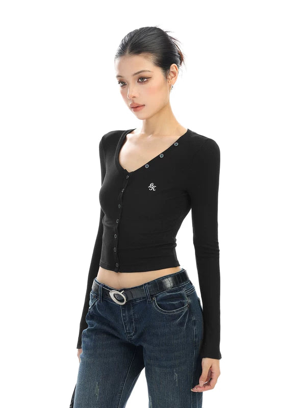 V-Neck Button Front Long Sleeve Pullover 2